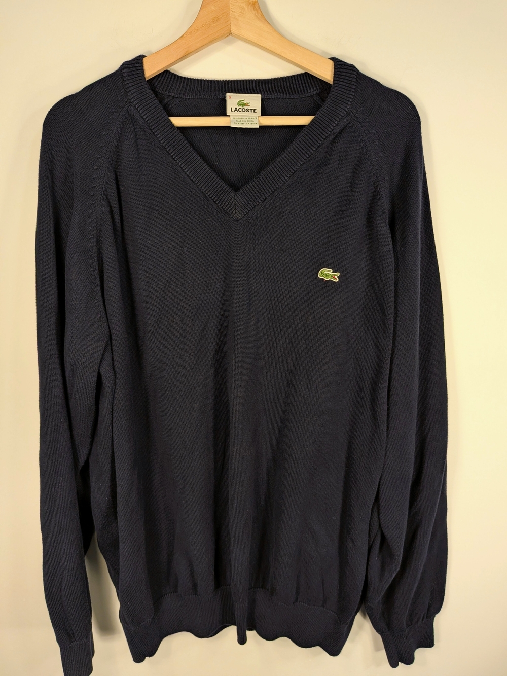 Lacoste Men's Navy V-Neck Sweater Size 9 (4XL) Cotton Croc Logo